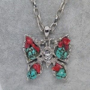 Faux turquoise and‎ coral butterfly necklace